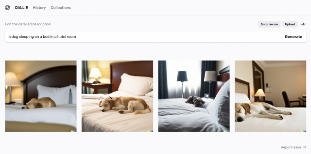 Use Ai to create a photo of a dog in a hotel bed